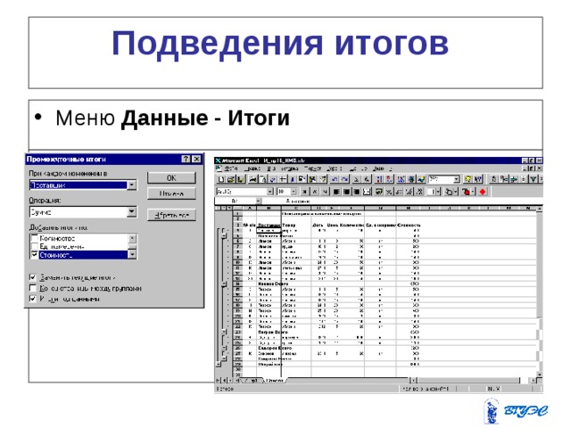 Подведения итогов  Меню Данные -  Итоги  