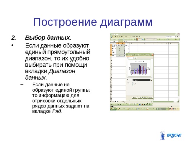 Построение диаграмм Выбор данных . Если данные образуют единый прямоугольный диапазон, то их удобно выбирать при помощи вкладки Диапазон данных.  Если данные не образуют единой группы, то информацию для отрисовки отдельных рядов данных задают на вкладке Ряд. Если данные не образуют единой группы, то информацию для отрисовки отдельных рядов данных задают на вкладке Ряд. 