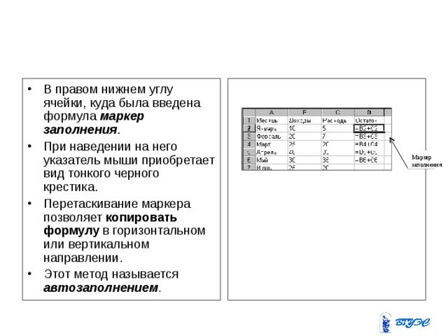 В правом нижнем углу ячейки, куда была введена формула маркер заполнения . При наведении на него указатель мыши приобретает вид тонкого черного крестика. Перетаскивание маркера позволяет копировать формулу в горизонтальном или вертикальном направлении. Этот метод называется автозаполнением . Маркер заполнения 