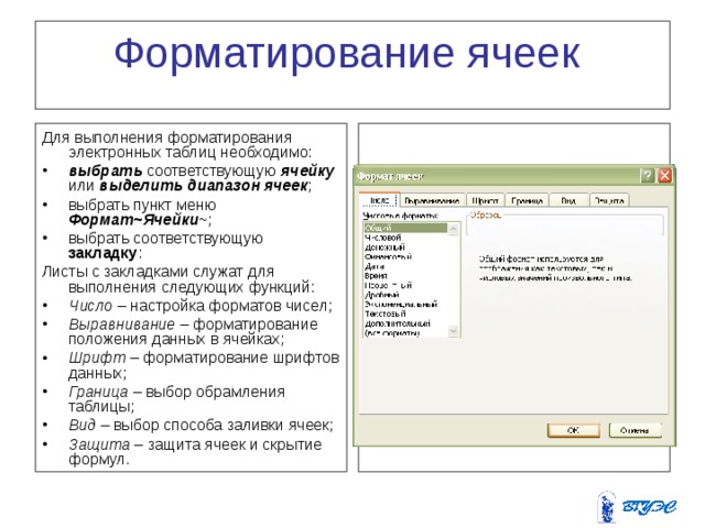 Форматирование ячеек Для выполнения форматирования электронных таблиц необходимо: выбрать соответствующую ячейку или выделить диапазон ячеек ; выбрать пункт меню Формат~Ячейки ~; выбрать соответствующую закладку : Листы с закладками служат для выполнения следующих функций: Число – настройка форматов чисел; Выравнивание – форматирование положения данных в ячейках; Шрифт – форматирование шрифтов данных; Граница – выбор обрамления таблицы; Вид – выбор способа заливки ячеек; Защита – защита ячеек и скрытие формул. 