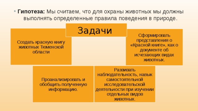 Гипотеза: Мы считаем, что для охраны животных мы должны выполнять определенные правила поведения в природе. Задачи Создать красную книгу животных Тюменской области Сформировать представления о «Красной книге», как о документе об исчезающих видах животных. Развивать наблюдательность, навык самостоятельной исследовательской деятельности при изучении отдельных видов животных. Проанализировать и обобщить полученную информацию. 