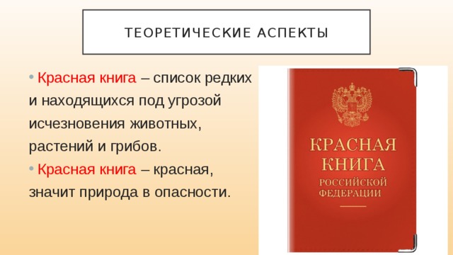 Теоретические аспекты Красная книга – список редких и находящихся под угрозой исчезновения животных, растений и грибов. Красная книга – красная, значит природа в опасности. 