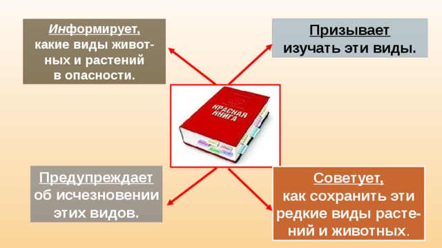 Призывает Ин формирует, какие виды живот- изучать эти виды. ных и растений в опасности. Предупреждает об исчезновении этих видов. Советует, как сохранить эти редкие виды расте- ний и животных . 