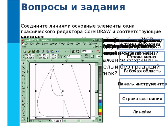 Вопросы и задания Соедините линиями основные элементы окна графического редактора CorelDRAW и соответствующие названия. Для чего предназначены графические редакторы? Что такое графический примитив? Некое растровое изображение было сохранено в файле как 256-цветный рисунок. Во сколько раз уменьшится информационный объём файла, если это же изображение сохранить как монохромный (чёрно-белый без градаций серого) рисунок? Опишите основные возможности векторных графических редакторов. Сравните фрагменты растровых и векторных изображений, которые можно подвергать преобразованиям. В каком редакторе, растровом или векторном, вы будете редактировать фотографию? Почему с помощью цветовой модели HSB человеку более удобно подбирать нужный цвет, чем с помощью цветовой модели RGB? Опишите основные приёмы работы в графическом редакторе Paint (KolourPaint). Опишите основные возможности растровых графических редакторов. Перечислите основные элементы интерфейса графического редактора. Строка заголовка Строка меню Рабочая область Панель инструментов Строка состояния Линейка 