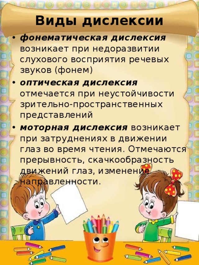Виды дислексии фонематическая дислексия возникает при недоразвитии слухового восприятия речевых звуков (фонем) оптическая дислексия отмечается при неустойчивости зрительно-пространственных представлений моторная дислексия возникает при затруднениях в движении глаз во время чтения. Отмечаются прерывность, скачкообразность движений глаз, изменение направленности. 