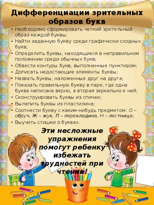 Дифференциации зрительных образов букв Необходимо сформировать четкий зрительный образ каждой буквы; Найти заданную букву среди графически сходных букв; Определить буквы, находящиеся в неправильном положении среди обычных букв; Обвести контуры букв, выполненные пунктиром; Дописать недостающие элементы буквы; Назвать буквы, наложенные друг на друга; Показать правильную букву в паре, где одна буква написана верно, а вторая зеркально к ней; Сконструировать буквы из спичек; Вылепить буквы из пластилина; Соотнести букву с каким-нибудь предметом: О – обруч, Ж – жук, П – перекладина, Н – лестниц а; Выучить стишки о буквах. Эти несложные упражнения помогут ребенку избежать трудностей при чтении! 