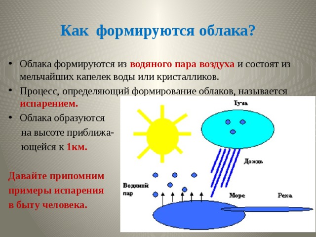 Как формируются облака? Облака формируются из водяного пара воздуха и состоят из мельчайших капелек воды или кристалликов. Процесс, определяющий формирование облаков, называется испарением.  Облака образуются  на высоте приближа-  ющейся к 1км.  Давайте припомним примеры испарения в быту человека. 