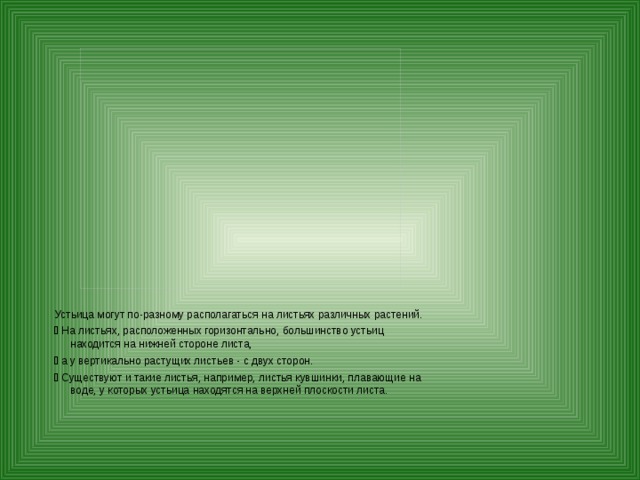 Устьица могут по-разному располагаться на листьях различных растений.   На листьях, расположенных горизонтально, большинство устьиц находится на нижней стороне листа,   а у вертикально растущих листьев - с двух сторон.   Существуют и такие листья, например, листья кувшинки, плавающие на воде, у которых устьица находятся на верхней плоскости листа.  