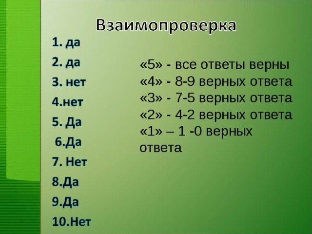 «5» - все ответы верны «4» - 8-9 верных ответа «3» - 7-5 верных ответа «2» - 4-2 верных ответа «1» – 1 -0 верных ответа