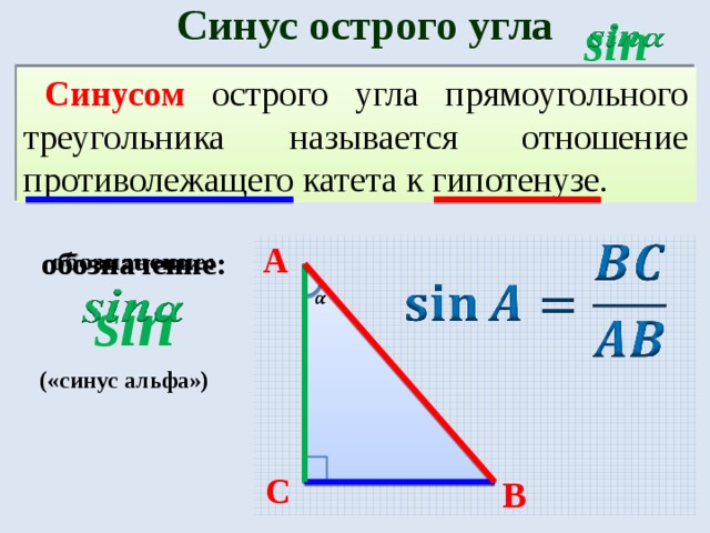 Синус острого угла   sin Синусом острого угла прямоугольного треугольника называется отношение противолежащего катета к гипотенузе. A   обозначение:   sin   («синус альфа») C B 