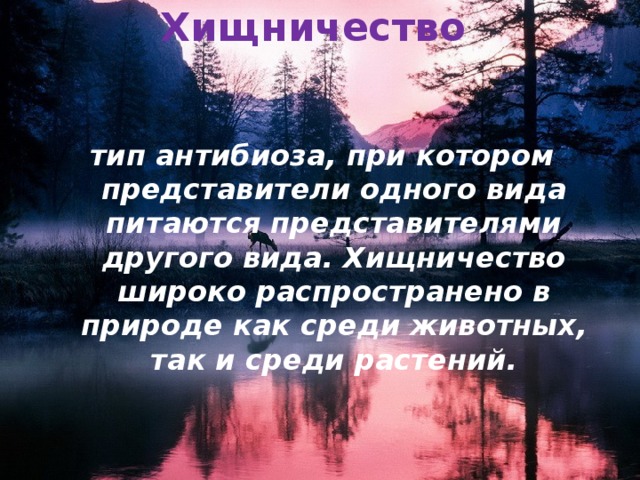 Хищничество тип антибиоза, при котором представители одного вида питаются представителями другого вида. Хищничество широко распространено в природе как среди животных, так и среди растений. 