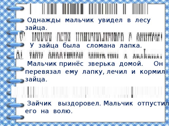  Однажды мальчик увидел в лесу зайца.  У зайца была сломана лапка.  Мальчик принёс зверька домой. Он перевязал ему лапку, лечил и кормил зайца.  Зайчик выздоровел. Мальчик отпустил его на волю.  