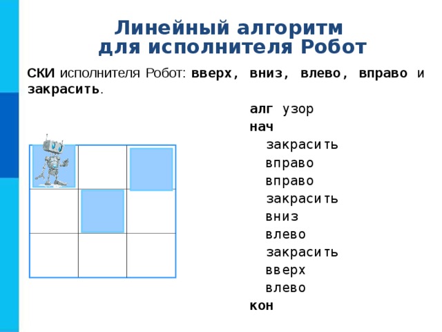 Линейный алгоритм  для исполнителя Робот СКИ исполнителя Робот: вверх , вниз , влево , вправо и закрасить . алг узор нач  закрасить  вправо  вправо  закрасить  вниз  влево  закрасить  вверх  влево кон 