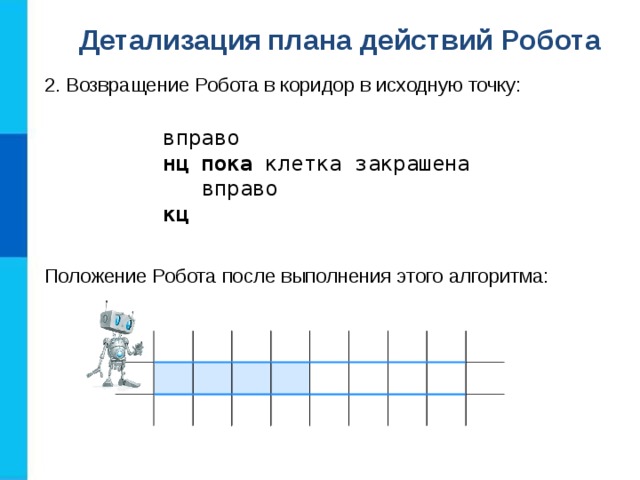 Детализация  плана действий Робота 2. Возвращение Робота в коридор в исходную точку: вправо нц пока клетка закрашена  вправо кц Положение Робота после выполнения этого алгоритма: 
