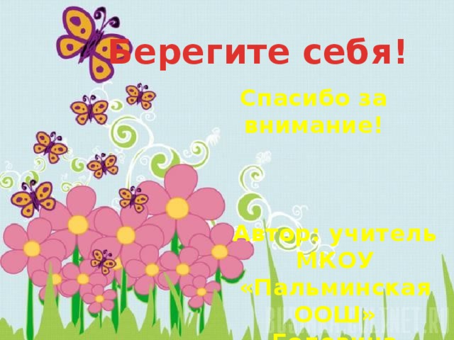 Берегите себя! Спасибо за внимание! Автор: учитель МКОУ «Пальминская ООШ» Головина Наталья Владимировна 