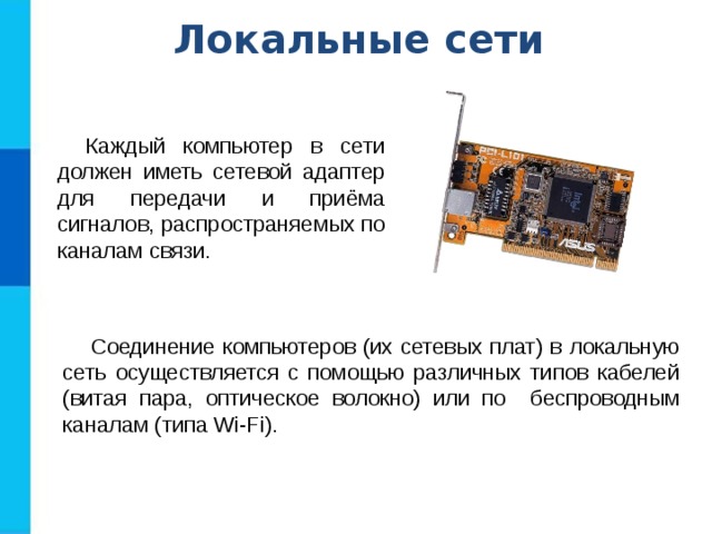 Локальные сети Каждый компьютер в сети должен иметь сетевой адаптер для передачи и приёма сигналов, распространяемых по каналам связи. Соединение компьютеров (их сетевых плат) в локальную сеть осуществляется с помощью различных типов кабелей (витая пара, оптическое волокно) или по беспроводным каналам (типа Wi-Fi). 