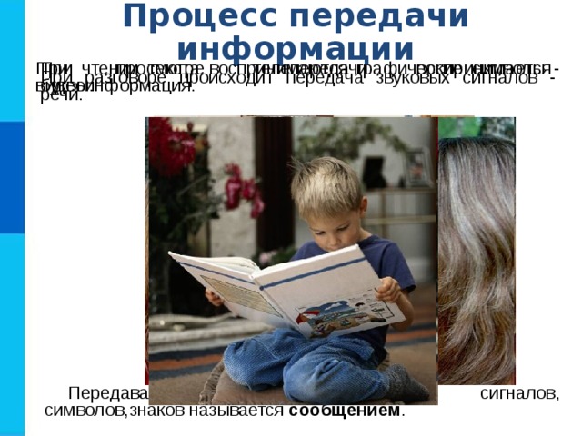 Процесс передачи информации При чтении текста воспринимаются графические символы - буквы. При просмотре телепередачи воспринимается видеоинформация. При разговоре происходит передача звуковых сигналов - речи. Передаваемая последовательность сигналов, символов,знаков называется сообщением . 