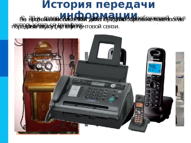 История передачи информации С 30-х годов XX века для передачи изображений стал использоваться телефакс. На протяжении столетий для передачи писем человечество пользовалось услугами почтовой связи. Во второй половине XIX века была изобретена технология передачи звука (телефон). 