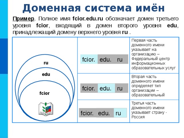 Доменная система имён Пример . Полное имя fcior.edu.ru обозначает домен третьего уровня fcior , входящий в домен второго уровня edu , принадлежащий домену верхнего уровня ru . Первая часть доменного имени указывает на организацию – Федеральный центр информационных образовательных услуг Вторая часть доменного имени определяет тип организации – образовательный Третья часть доменного имени указывает страну - Россия fcior. edu. ru ru edu edu. fcior. ru fcior ru edu. fcior. 