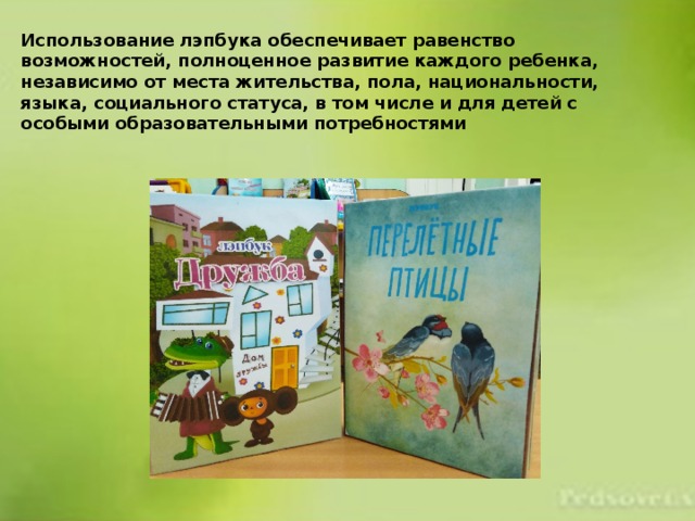 Использование лэпбука обеспечивает равенство возможностей, полноценное развитие каждого ребенка, независимо от места жительства, пола, национальности, языка, социального статуса, в том числе и для детей с особыми образовательными потребностями 
