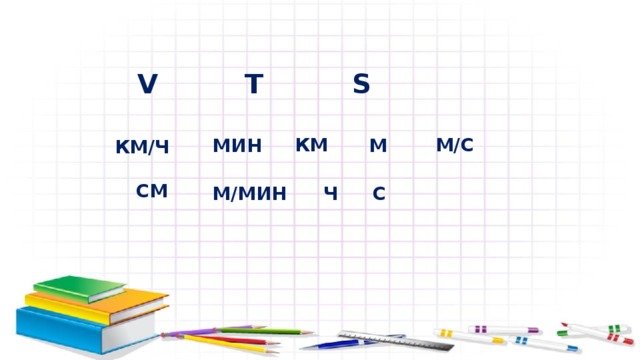 V T S КМ М/С МИН М КМ/Ч СМ М/МИН Ч С 