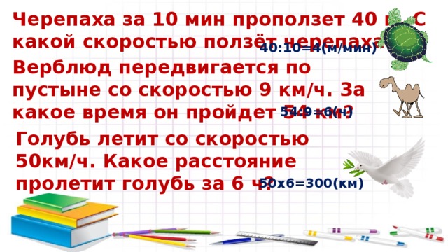 Черепаха за 10 мин проползет 40 м. С какой скоростью ползёт черепаха? 40:10=4(м/мин) Верблюд передвигается по пустыне со скоростью 9 км/ч. За какое время он пройдет 54 км? 54:9=6(ч) Голубь летит со скоростью 50км/ч. Какое расстояние пролетит голубь за 6 ч? 50х6=300(км) 