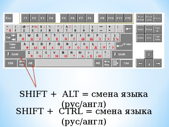 SHIFT + ALT = смена языка (рус/англ) SHIFT + СTRL = смена языка (рус/англ) 