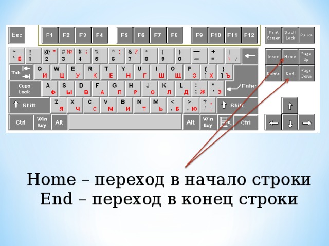 Home – переход в начало строки End – переход в конец строки 