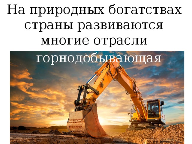 На природных богатствах страны развиваются многие отрасли промышленности: горнодобывающая  