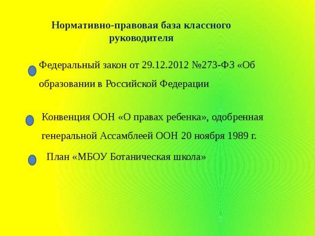 Нормативно-правовая база классного руководителя Федеральный закон от 29.12.2012 №273-ФЗ «Об образовании в Российской Федерации Конвенция ООН «О правах ребенка», одобренная генеральной Ассамблеей ООН 20 ноября 1989 г. План «МБОУ Ботаническая школа» 