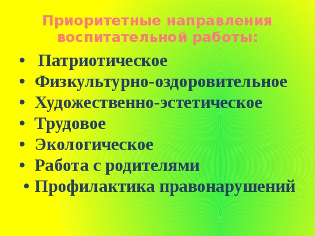 Приоритетные направления воспитательной работы:   • Патриотическое •  Физкультурно-оздоровительное •  Художественно-эстетическое •  Трудовое •  Экологическое •  Работа с родителями •  Профилактика правонарушений 