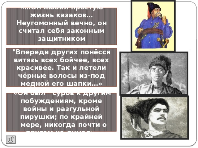Остап «…Он любил простую жизнь казаков…Неугомонный вечно, он считал себя законным защитником православия…». Андрий Тарас 