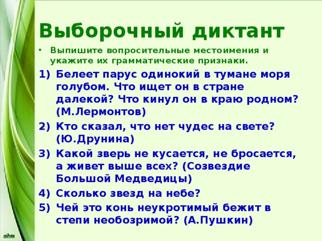 Выборочный диктант Выпишите вопросительные местоимения и укажите их грамматические признаки. Белеет парус одинокий в тумане моря голубом. Что ищет он в стране далекой? Что кинул он в краю родном? (М.Лермонтов) Кто сказал, что нет чудес на свете? (Ю.Друнина) Какой зверь не кусается, не бросается, а живет выше всех? (Созвездие Большой Медведицы) Сколько звезд на небе? Чей это конь неукротимый бежит в степи необозримой? (А.Пушкин) 