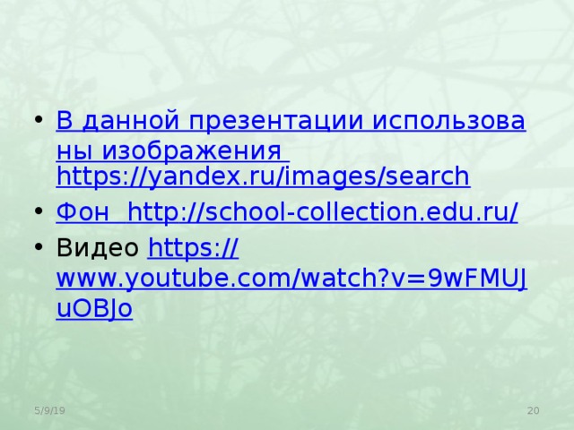 В данной презентации использованы изображения https://yandex.ru/images/search Фон http ://school-collection.edu.ru / Видео https:// www.youtube.com/watch?v=9wFMUJuOBJo 5/9/19  