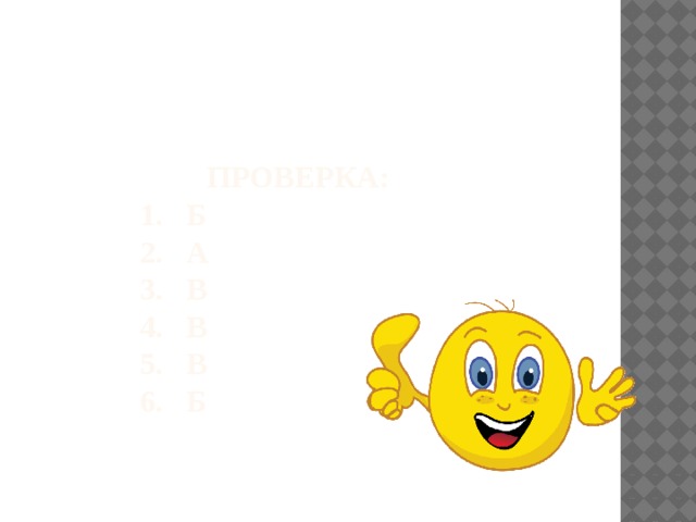 Проверка:  1. Б  2. А  3. В  4. В  5. В  6. Б   