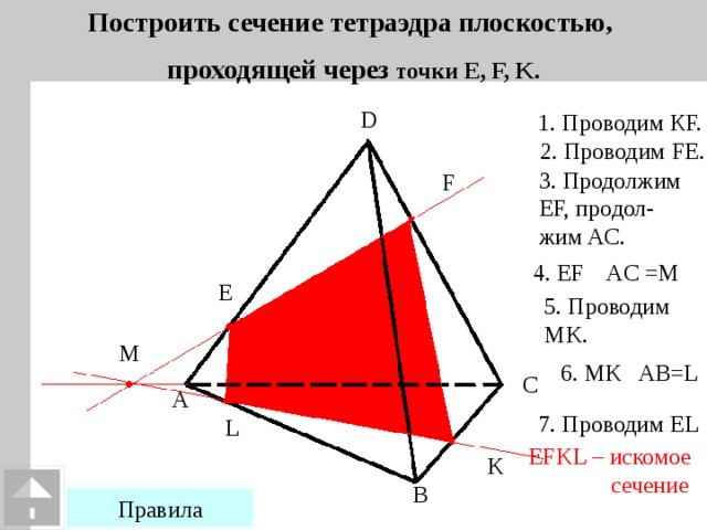 Построить сечение тетраэдра плоскостью, проходящей через точки E, F, K. D 1. Проводим КF. 2. Проводим FE. 3. Продолжим EF, продол- жим AC. F 4. EF AC =М E 5. Проводим MK. M 6. MK AB=L C A 7. Проводим EL L EFKL – искомое  сечение K B Правила 