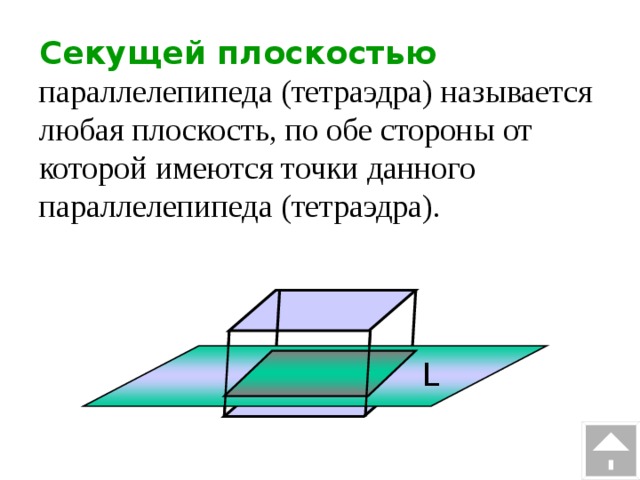 Секущей плоскостью параллелепипеда (тетраэдра) называется любая плоскость, по обе стороны от которой имеются точки данного параллелепипеда (тетраэдра). L 