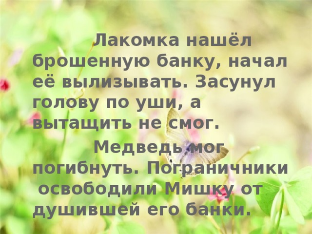  Лакомка нашёл брошенную банку, начал её вылизывать. Засунул голову по уши, а вытащить не смог.  Медведь мог погибнуть. Пограничники освободили Мишку от душившей его банки. 
