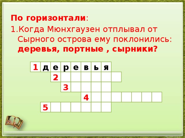 По горизонтали : 1.Когда Мюнхгаузен отплывал от Сырного острова ему поклонились: деревья, портные , сырники? я е ь в р е д 1 2 3 4 5 http://aida.ucoz.ru 