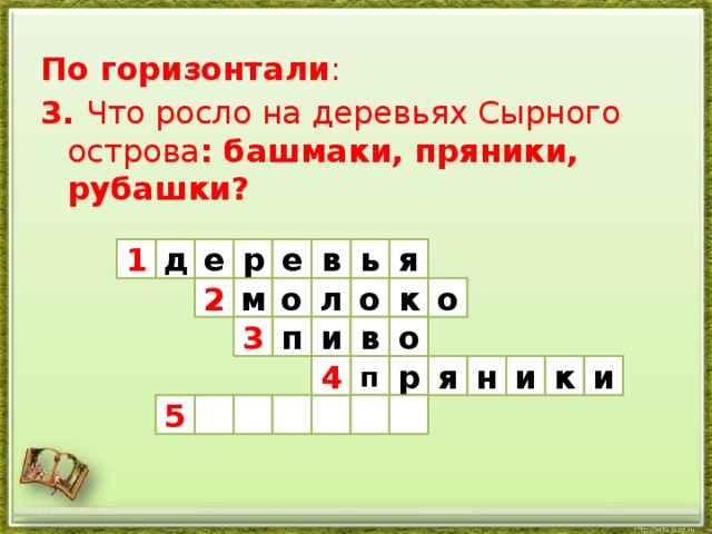 По горизонтали : 3. Что росло на деревьях Сырного острова : башмаки, пряники, рубашки? я в ь е р е д 1 м о л о о к 2 3 в п о и и н к я р п 4 и 5 http://aida.ucoz.ru 