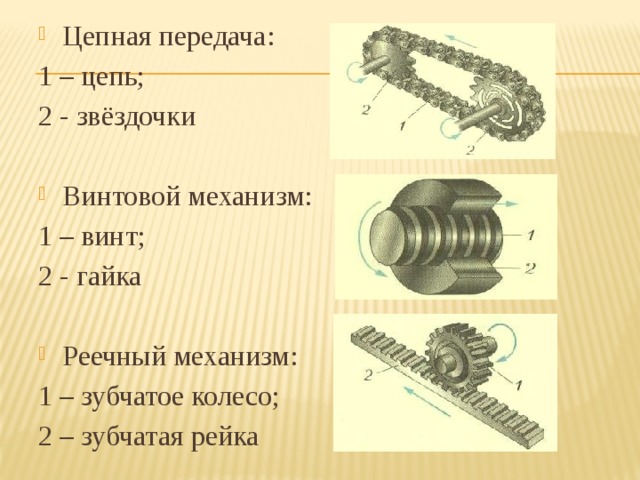 Цепная передача: 1 – цепь; 2 - звёздочки  Винтовой механизм: 1 – винт; 2 - гайка Реечный механизм: 1 – зубчатое колесо; 2 – зубчатая рейка 