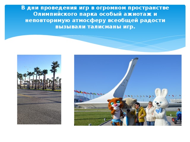 В дни проведения игр в огромном пространстве Олимпийского парка особый ажиотаж и неповторимую атмосферу всеобщей радости вызывали талисманы игр.   