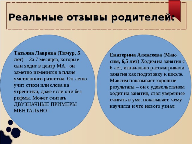 Реальные отзывы родителей: Татьяна Лаврова (Тимур, 5 лет) . За 7 месяцев, которые сын ходит в центр МА, он заметно изменился в плане умственного развития. Он легко учит стихи или слова на утренники, даже если они без рифмы. Может считать ДВУЗНАЧНЫЕ ПРИМЕРЫ  МЕНТАЛЬНО! Екатерина Алексеева (Мак-сим, 6,5 лет) Ходим на занятия с 6 лет, изначально рассматривали занятия как подготовку к школе. Максим показывает хорошие результаты – он с удовольствием ходит на занятия, стал увереннее считать в уме, показывает, чему научился и что нового узнал.    