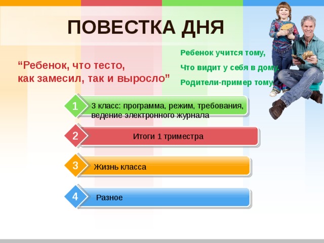 ПОВЕСТКА ДНЯ Ребенок учится тому, Что видит у себя в дому. Родители-пример тому.  “ Ребенок, что тесто,  как замесил, так и выросло” 1 3 класс: программа, режим, требования, ведение электронного журнала Итоги 1 триместра 2 3 Жизнь класса 4 Разное 