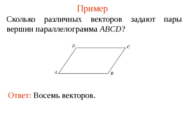 Пример Сколько различных векторов задают пары вершин параллелограмма ABCD ? Ответ: Восемь векторов . В режиме слайдов ответы появляются после кликанья мышкой  