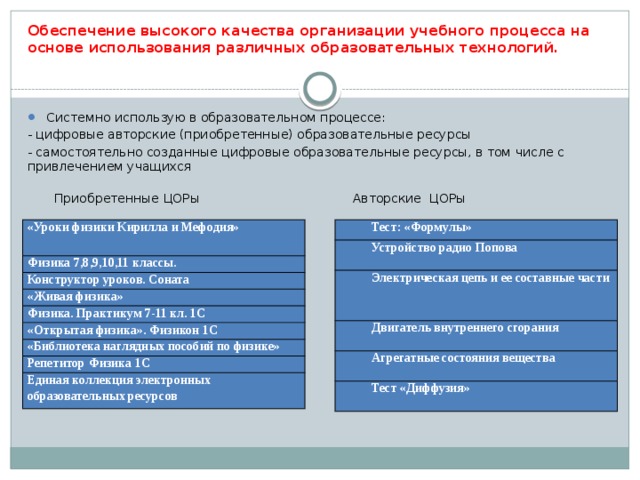 Обеспечение высокого качества организации учебного процесса на основе использования различных образовательных технологий. Системно использую в образовательном процессе: - цифровые авторские (приобретенные) образовательные ресурсы - самостоятельно созданные цифровые образовательные ресурсы, в том числе с привлечением учащихся Приобретенные ЦОРы Авторские ЦОРы «Уроки физики Кирилла и Мефодия» Тест: «Формулы» Физика 7,8,9,10,11 классы. Устройство радио Попова   Конструктор уроков. Соната Электрическая цепь и ее составные части «Живая физика» Двигатель внутреннего сгорания Физика. Практикум 7-11 кл. 1С Агрегатные состояния вещества Тест «Диффузия» «Открытая физика». Физикон 1С «Библиотека наглядных пособий по физике» Репетитор Физика 1С Единая коллекция электронных образовательных ресурсов 