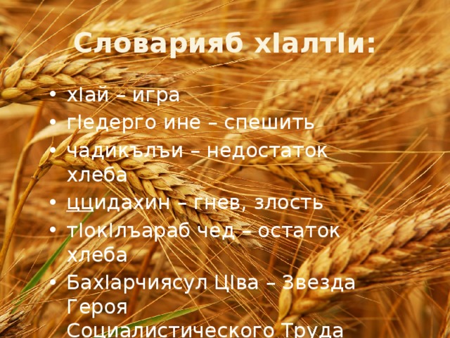 Словарияб хIалтIи: хIай – игра гIедерго ине – спешить чадикълъи – недостаток хлеба цц идахин – гнев, злость тIокIлъараб чед – остаток хлеба БахIарчиясул ЦIва – Звезда Героя Социалистического Труда 
