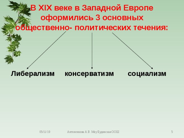 В XIX веке в Западной Европе оформились 3 основных общественно- политических течения: Либерализм консерватизм социализм 