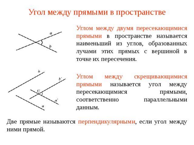 Угол между прямыми в пространстве Углом  между двумя пересекающимися прямыми в пространстве называется наименьший из углов, образованных лучами этих прямых с вершиной в точке их пересечения. Углом между скрещивающимися прямыми называется угол между пересекающимися прямыми, соответственно параллельными данным. В режиме слайдов ответ появляется после кликанья мышкой. Две прямые называются перпендикулярными , если угол между ними прямой.   