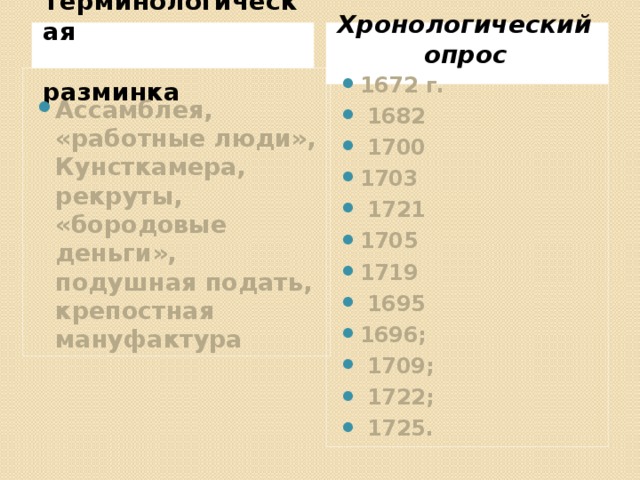 Терминологическая Хронологический  разминка  опрос Ассамблея, «работные люди», Кунсткамера, рекруты, «бородовые деньги», подушная подать, крепостная мануфактура 1672 г.  1682  1700 1703  1721 1705 1719  1695 1696;  1709;  1722;  1725. 